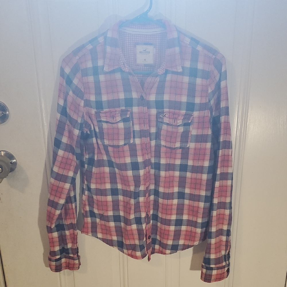 Hollister Pink and Blue Plaid Button Down Shirt